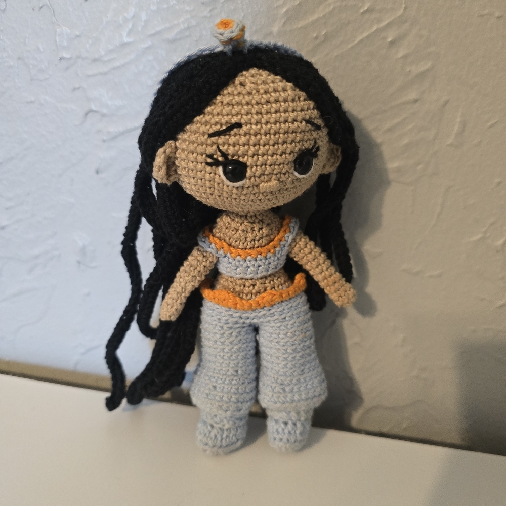 handmade crochet doll inspired by Princess Jasmine from Aladdin.